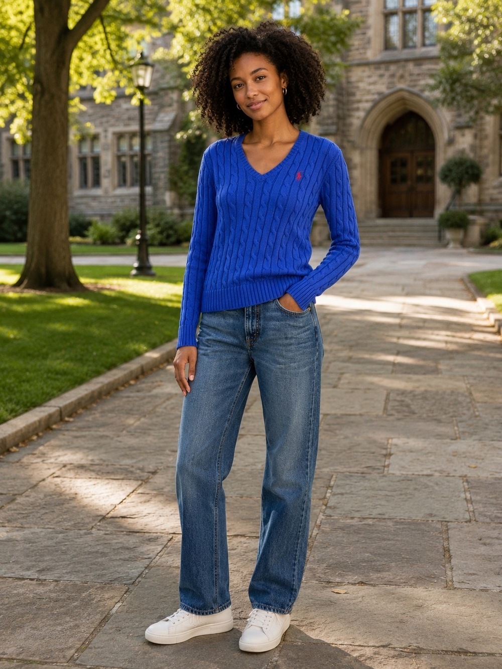 Polo Ralph Lauren Cable Knit Cotton V-Neck Sweater Blue XS Pony